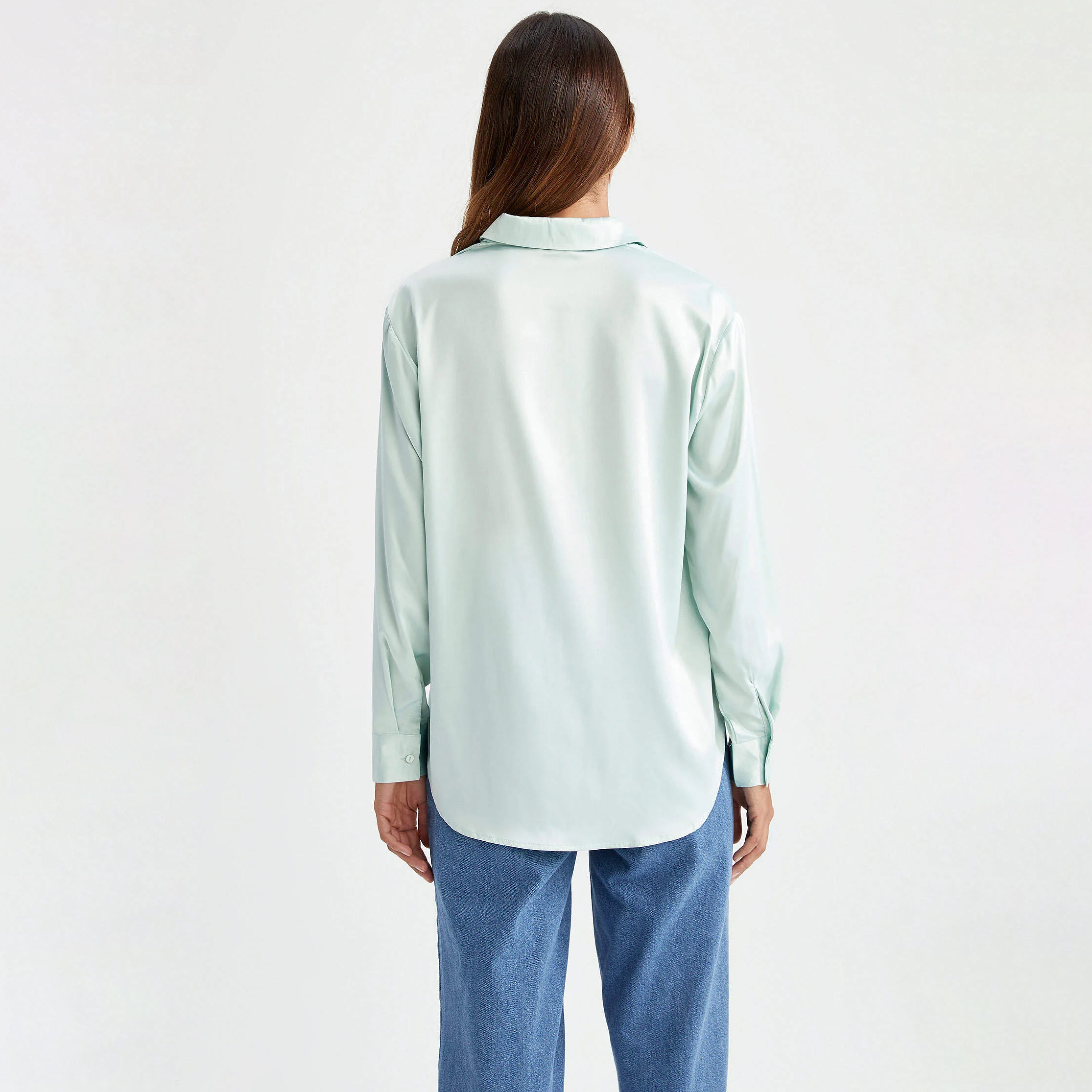 Oversize Fit Shirt Collar Satin Long Sleeve Shirt