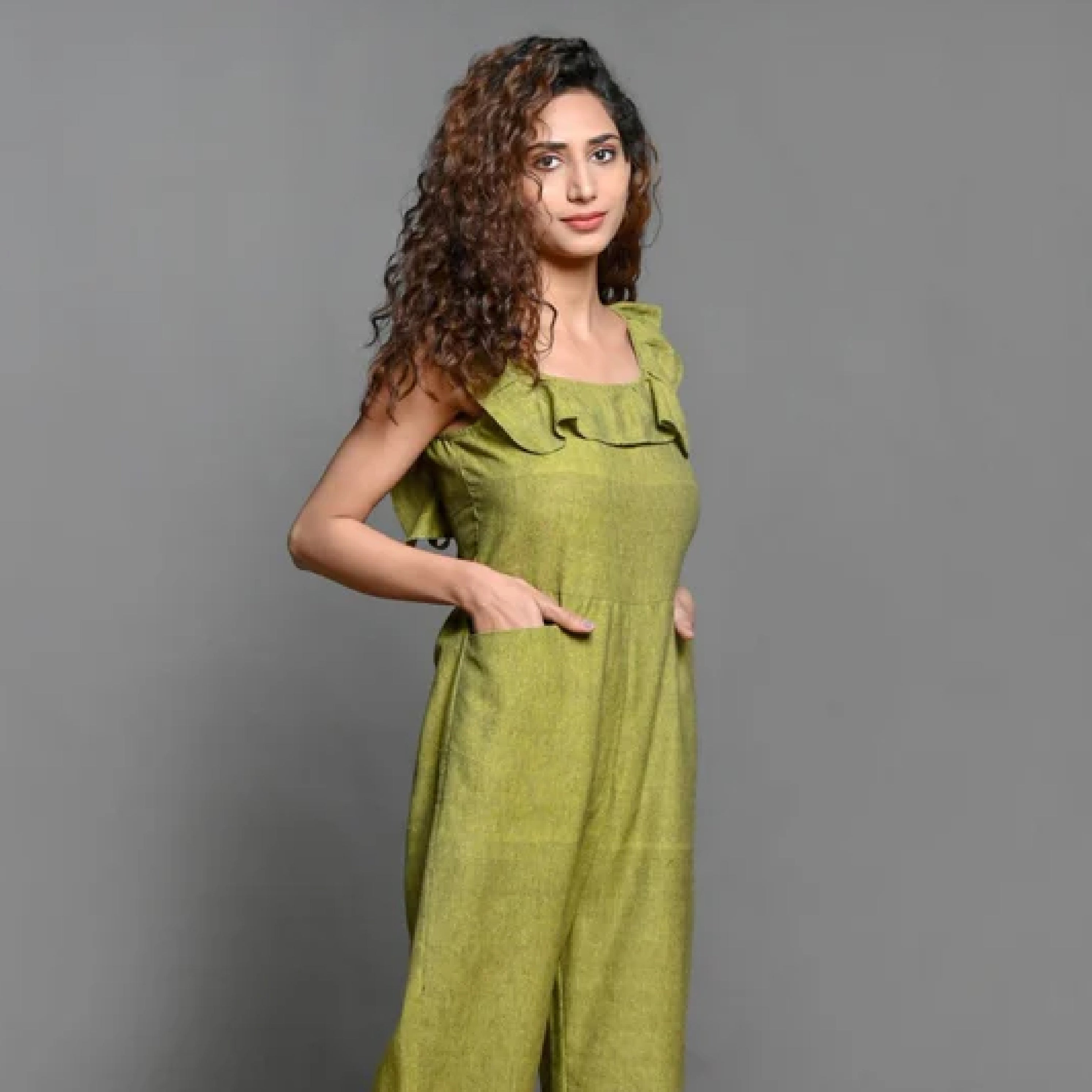 Olive Frilled Square Neck Jumpsuit