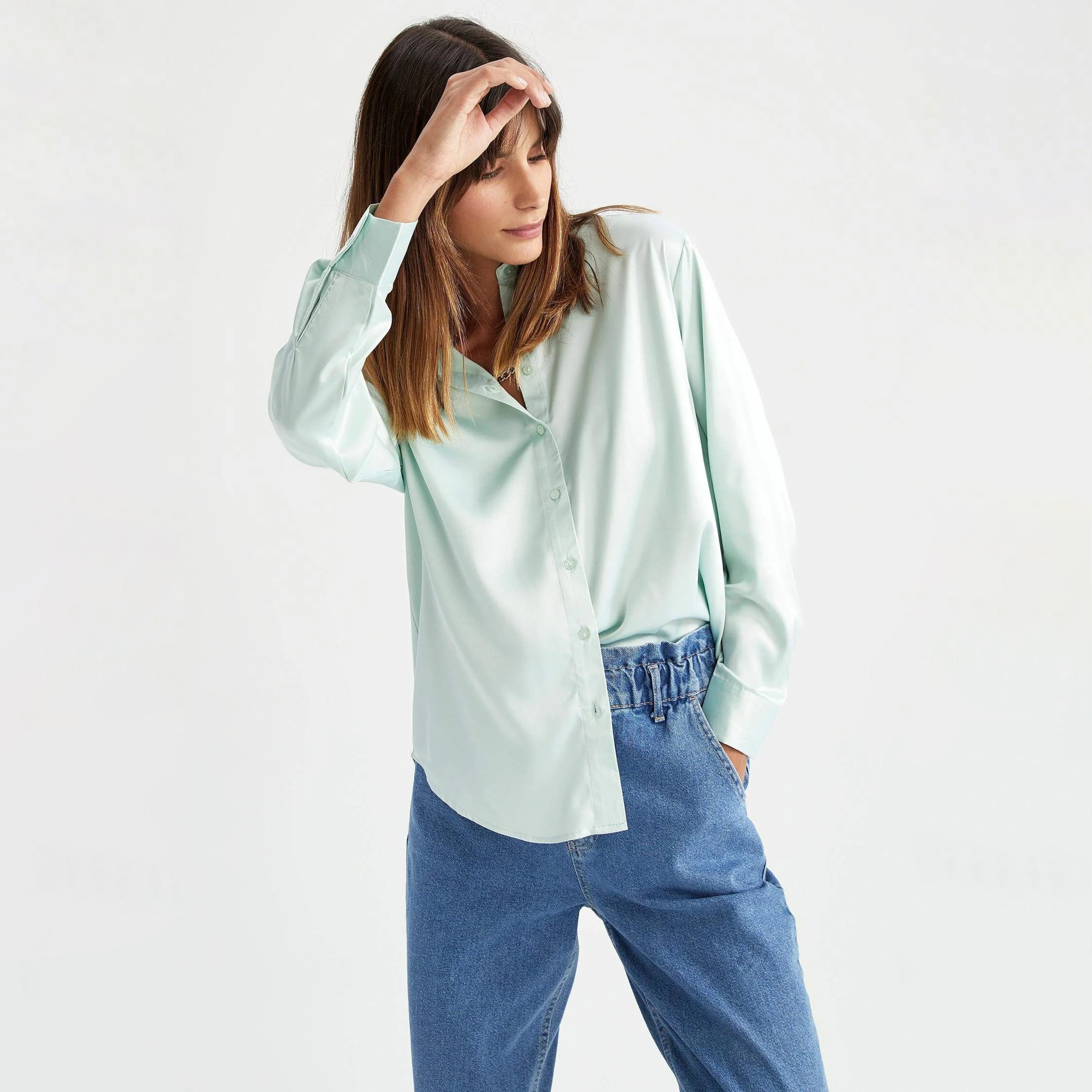 Oversize Fit Shirt Collar Satin Long Sleeve Shirt