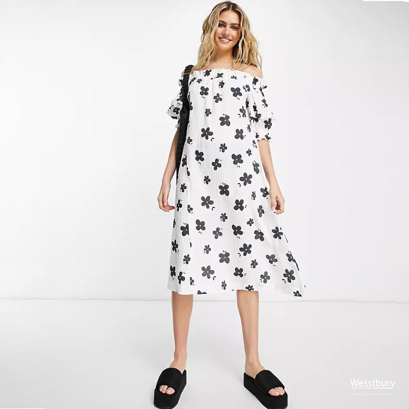 Lost Ink floral print off-shoulder midi dress in white